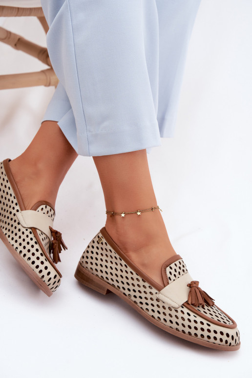Piel con elementos calados zapatos mocasines de mujer Tiene queciejka HJ760-14 marrón-beige