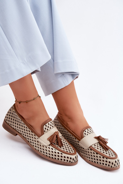 Piel con elementos calados zapatos mocasines de mujer Tiene queciejka HJ760-14 marrón-beige