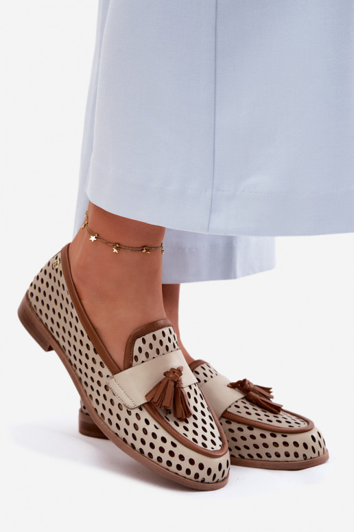 Piel con elementos calados zapatos mocasines de mujer Tiene queciejka HJ760-14 marrón-beige
