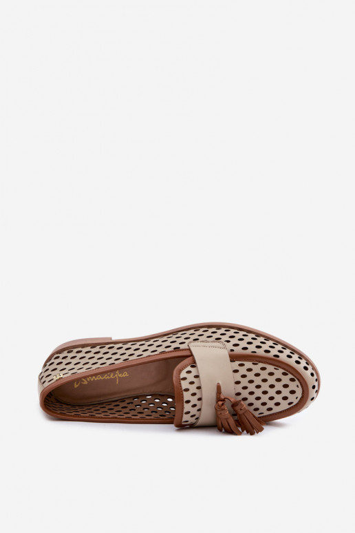 Piel con elementos calados zapatos mocasines de mujer Tiene queciejka HJ760-14 marrón-beige