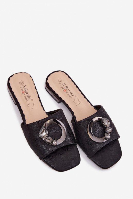 Zapatillas de mujer con tacones anchos y ornamentos KV61-6025 color negro