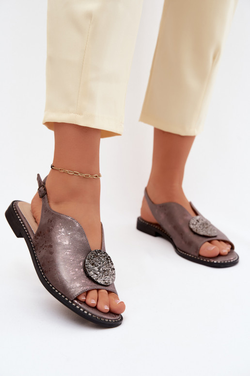 Sandalias de mujer con tacones anchos con adornos S.Barski KV61-6035 color gris