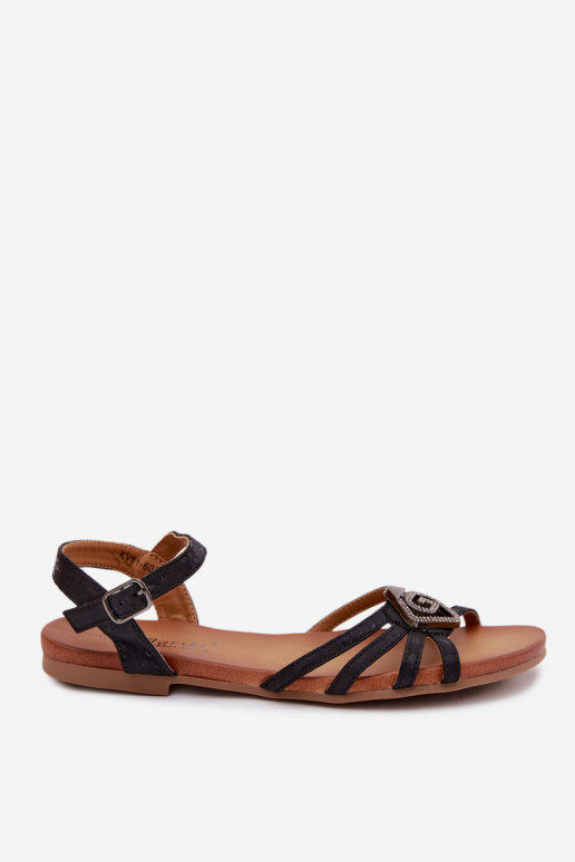 Sandalias planas para mujeres con tiras y decoración S.Barski KV61-6056 color negro