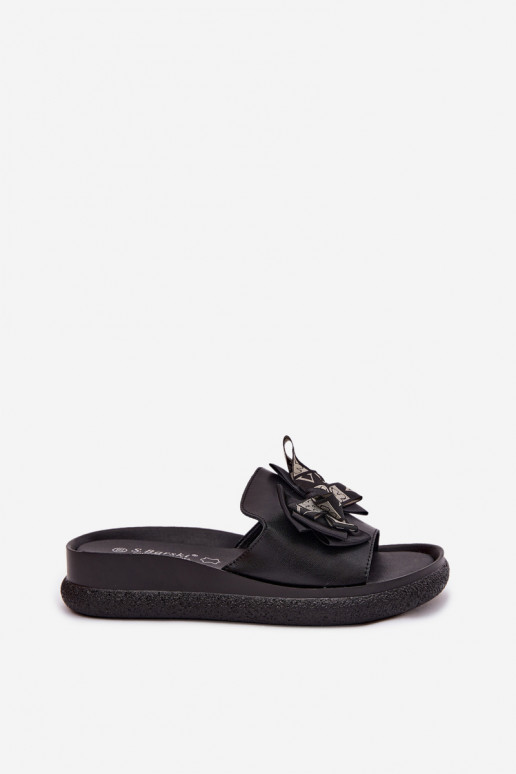 Zapatillas de mujer de cuero natural con lazos S.Barski KV61-6061 color negro
