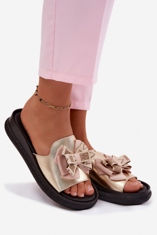 Zapatillas de mujer de cuero natural con lazos S.Barski KV61-6061 color oro