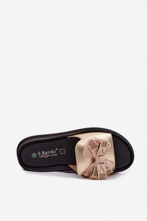 Zapatillas de mujer de cuero natural con lazos S.Barski KV61-6061 color oro