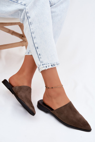 Piel zapatillas de gamuza Mule apartamento de mujeres D&A JC61-1004 de color caqui