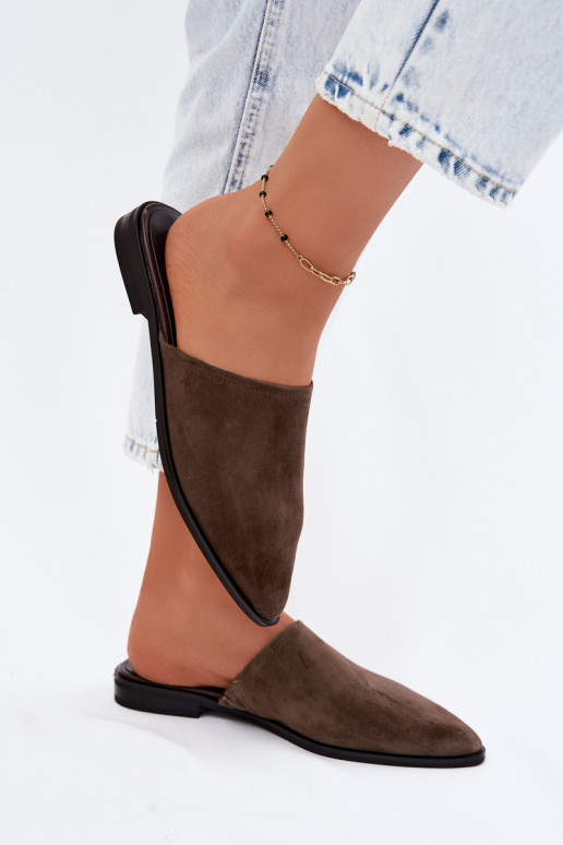 Piel zapatillas de gamuza Mule apartamento de mujeres D&A JC61-1004 de color caqui