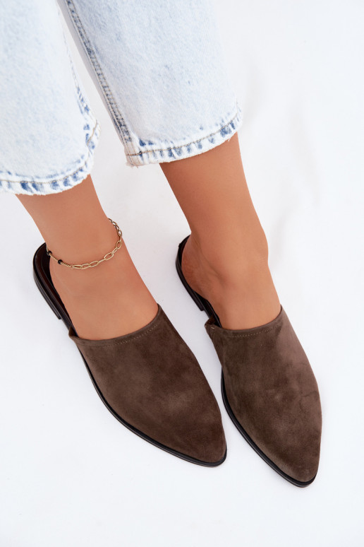 Piel zapatillas de gamuza Mule apartamento de mujeres D&A JC61-1004 de color caqui