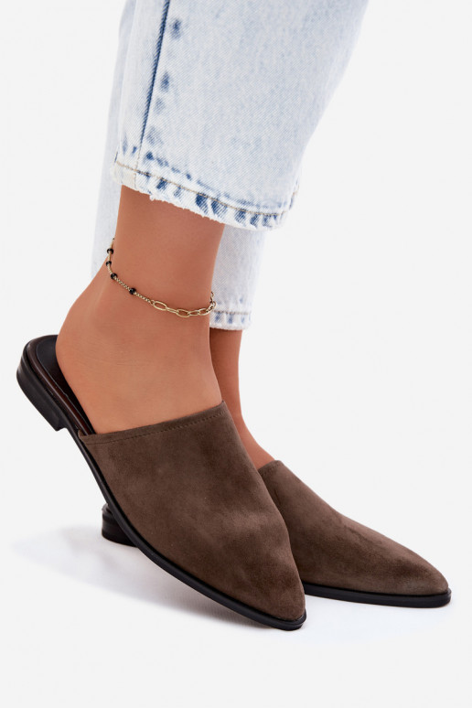 Piel zapatillas de gamuza Mule apartamento de mujeres D&A JC61-1004 de color caqui