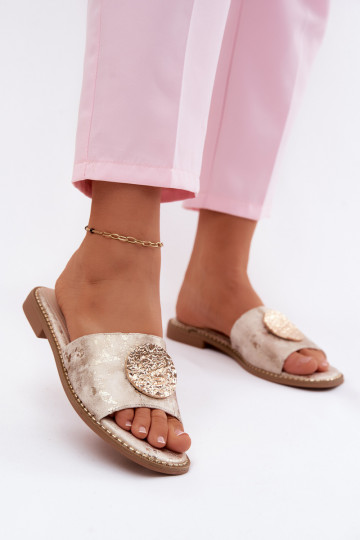 Zapatillas de mujer con detalles decorativos y tacones anchos KV61-6034 doradas 2