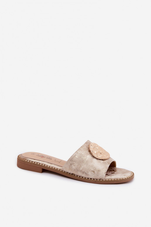 Zapatillas de mujer con detalles decorativos y tacones anchos KV61-6034 doradas