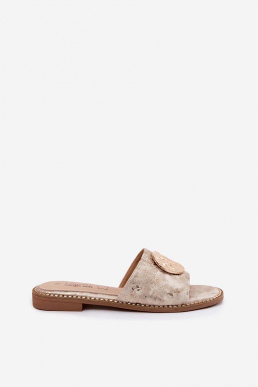 Zapatillas de mujer con detalles decorativos y tacones anchos KV61-6034 doradas