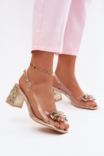 Sandalias transparentes con gemas brillantes en el tacón S.Barski KV61-6068 doradas
