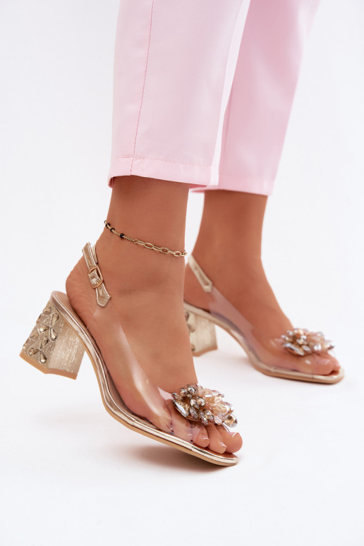 Sandalias transparentes con gemas brillantes en el tacón S.Barski KV61-6068 doradas