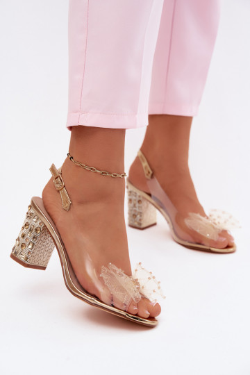 Sandalias con tacón y gemas brillantes, malla con lazos D&A MR61-9010 doradas 2