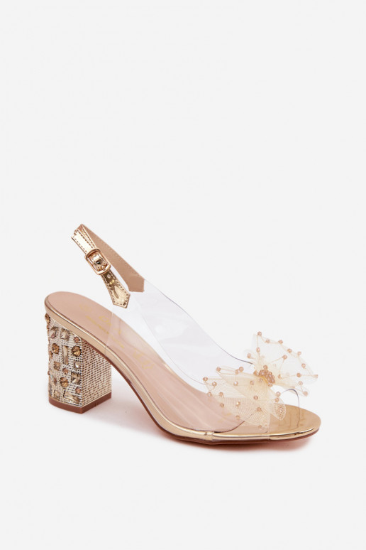 Sandalias con tacón y gemas brillantes, malla con lazos D&A MR61-9010 doradas