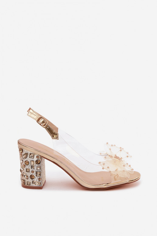 Sandalias con tacón y gemas brillantes, malla con lazos D&A MR61-9010 doradas