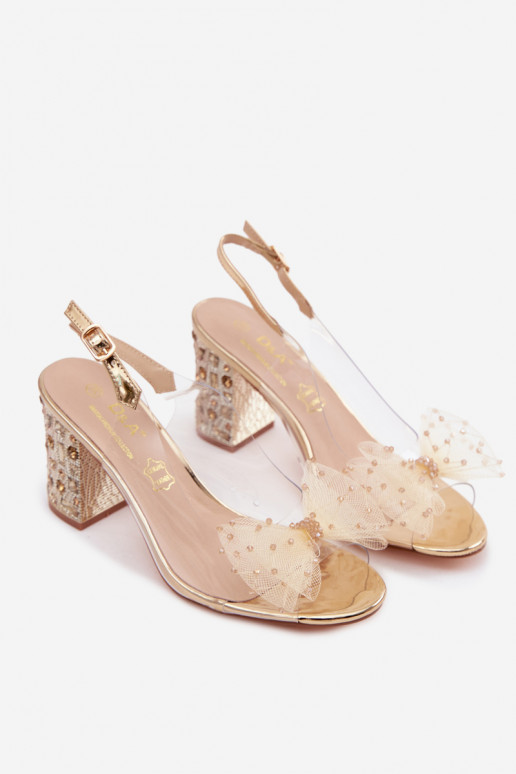 Sandalias con tacón y gemas brillantes, malla con lazos D&A MR61-9010 doradas