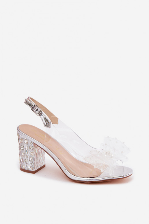 Sandalias con tacón y gemas brillantes, malla con lazos D&A MR61-9010 plateadas
