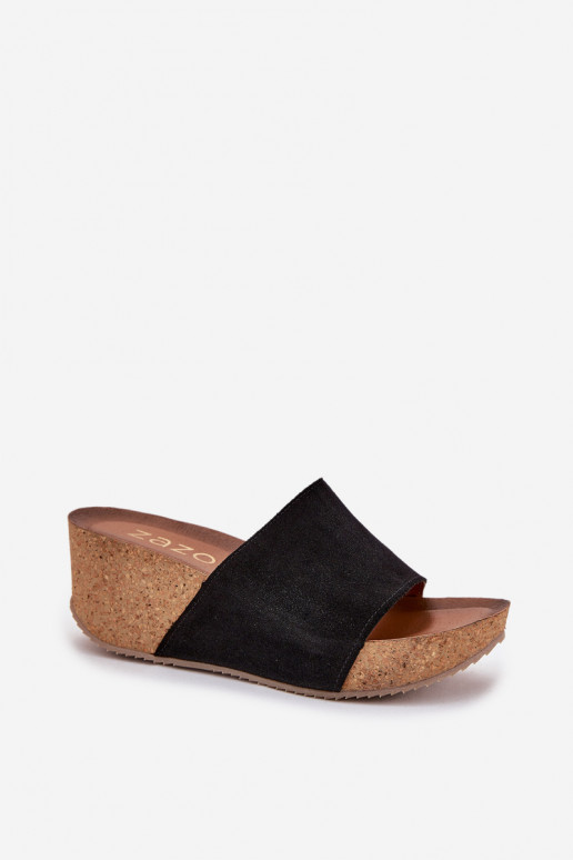 Zazoo 40311 Zapatillas de ante negras para mujer sobre suela de corcho