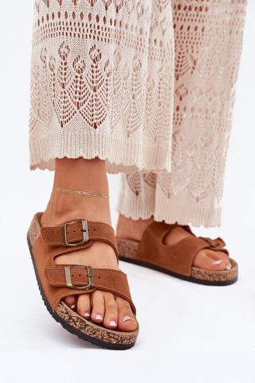 zapatillas de gamuza Sobre suela de corcho con hebillas color marrón Tavira 2