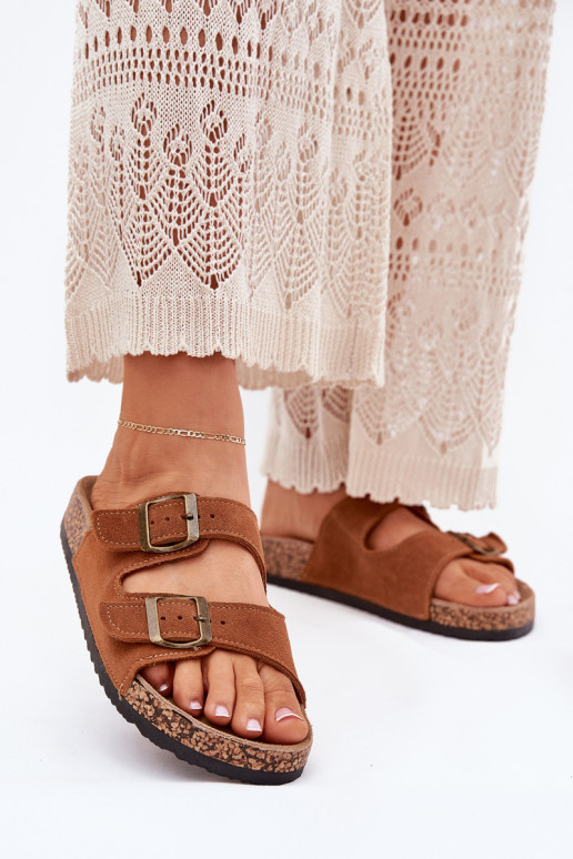 zapatillas de gamuza Sobre suela de corcho con hebillas color marrón Tavira