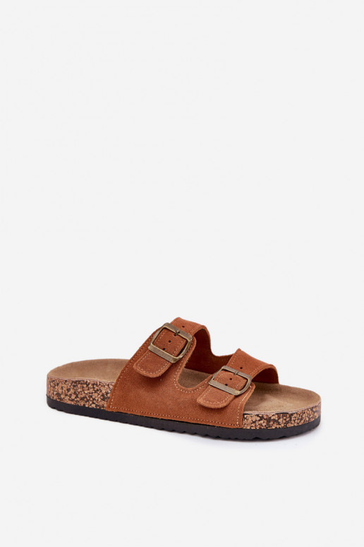 Zapatillas de ante marrones sobre suela de corcho con hebillas Tavira