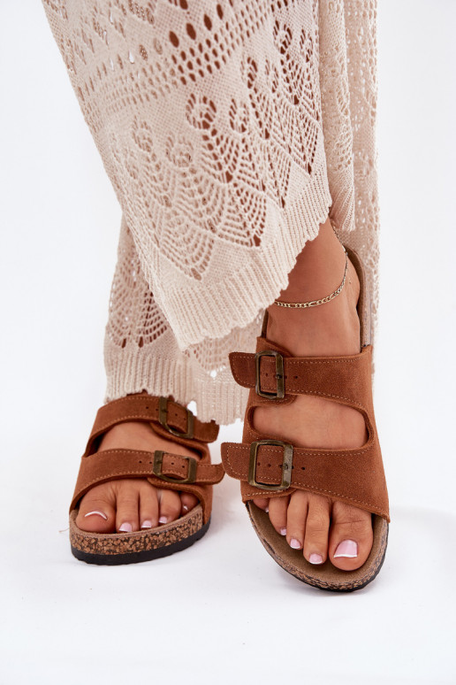 zapatillas de gamuza Sobre suela de corcho con hebillas color marrón Tavira