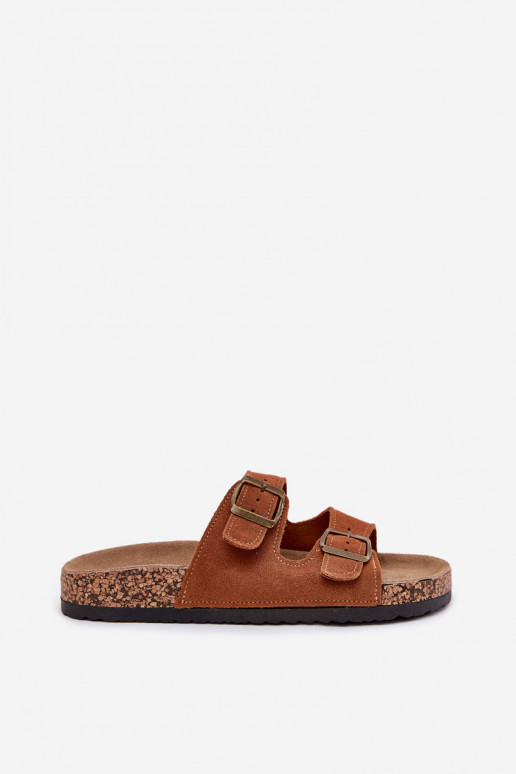 Zapatillas de ante marrones sobre suela de corcho con hebillas Tavira