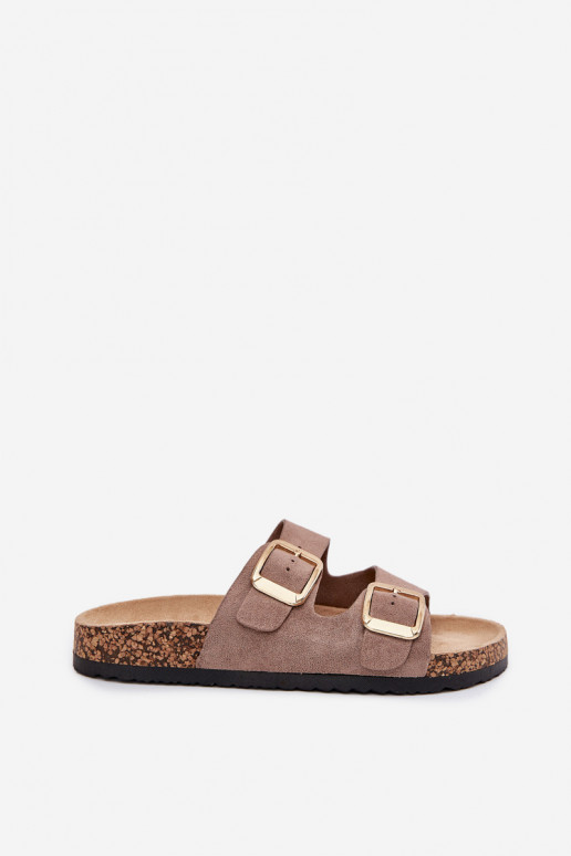 zapatillas de mujerde gamuza ecológicau color dorado con hebillas beige Vorella