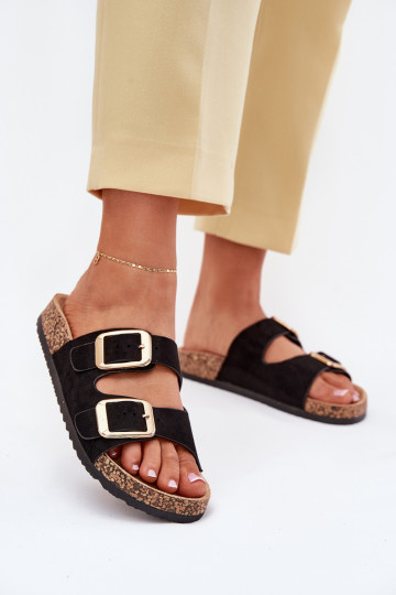 zapatillas de mujerde gamuza ecológicau color dorado con hebillas de color negro Vorella