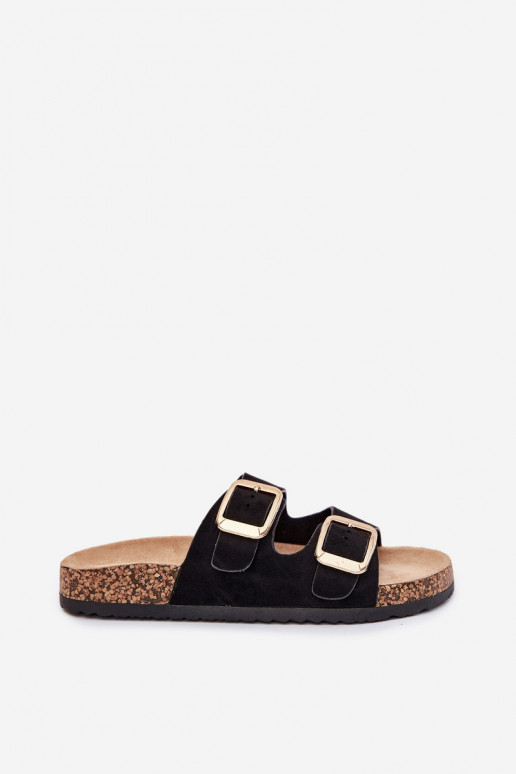 zapatillas de mujerde gamuza ecológicau color dorado con hebillas de color negro Vorella