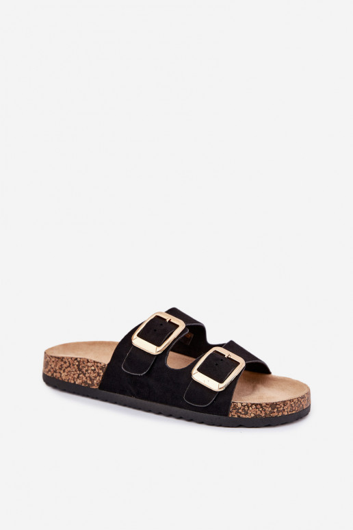 zapatillas de mujerde gamuza ecológicau color dorado con hebillas de color negro Vorella