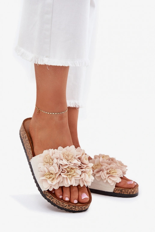 zapatillas de mujer Sobre suela de corcho Con decoracionesi con motivos floraleskami beige Seleneza