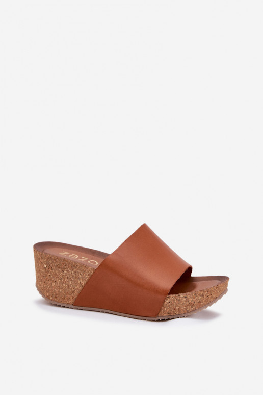 Zazoo 40291 Zapatillas de cuero marrón para mujer sobre suela de corcho