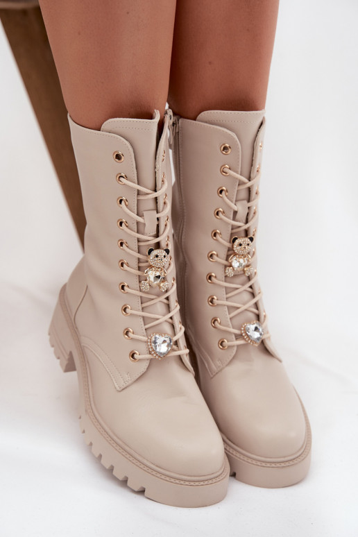 Botines de trabajo de color arena para mujer con ositos y corazones Iravine