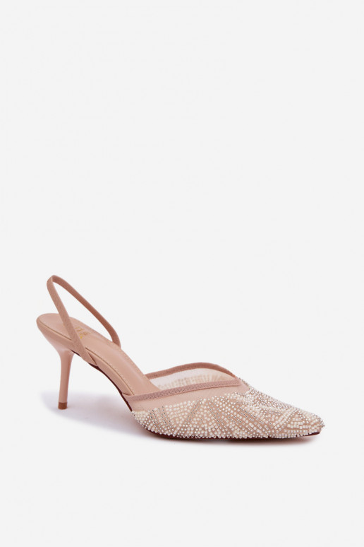 Sandalias decoradas con malla y tacones finos color arena Bedira