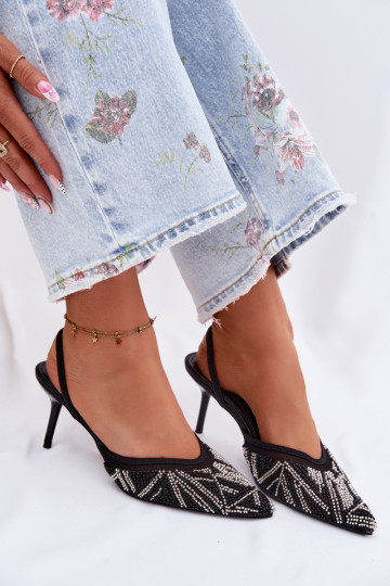 Sandalias decoradas con malla y tacones finos negras Bedira