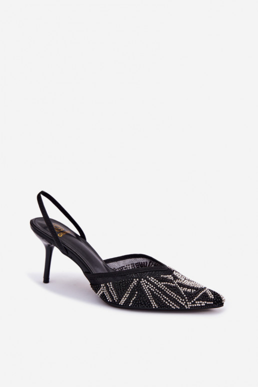 Sandalias decoradas con malla y tacones finos negras Bedira
