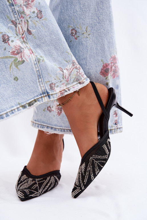Sandalias decoradas con malla y tacones finos negras Bedira