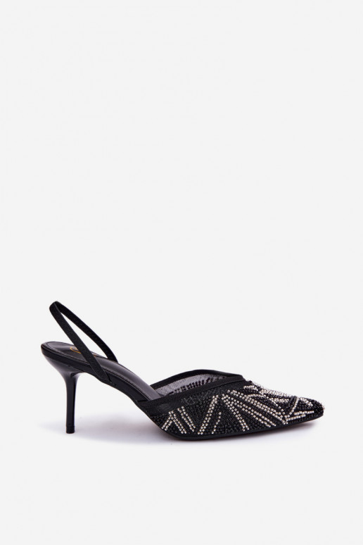 Sandalias decoradas con malla y tacones finos negras Bedira