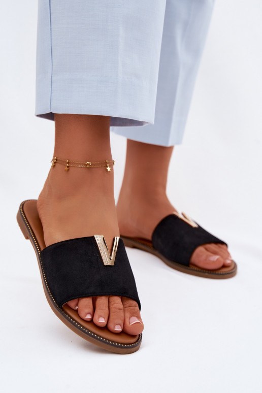 Zapatillas apartamento de mujeres Con decoraciones Detalem V de color negro Nelmira