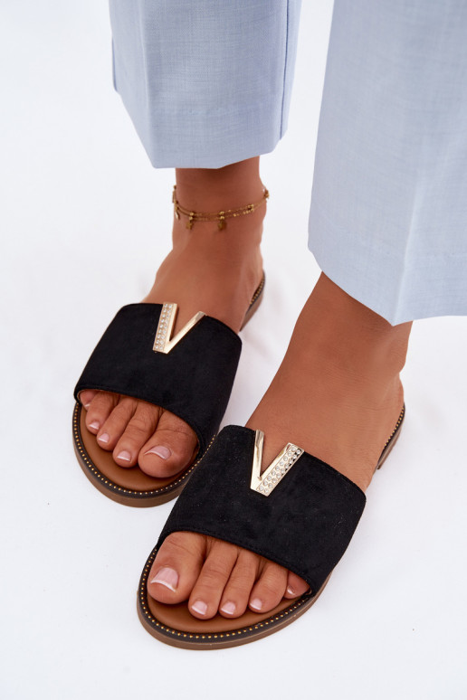 Zapatillas apartamento de mujeres Con decoraciones Detalem V de color negro Nelmira