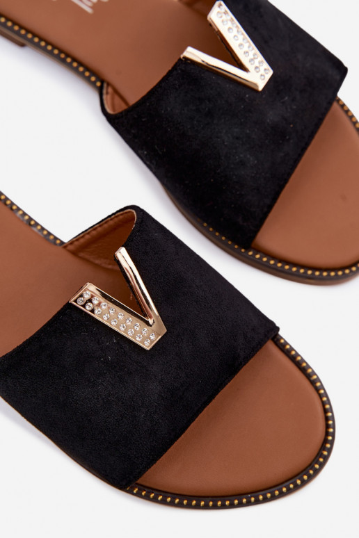 Zapatillas apartamento de mujeres Con decoraciones Detalem V de color negro Nelmira