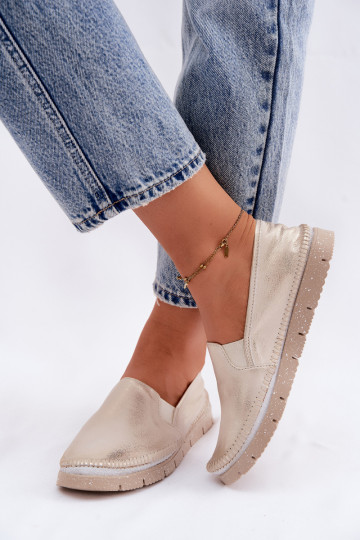 Zapatos de mujer dorados tipo slip-on de cuero Przecierany 2