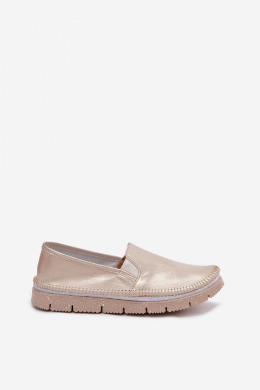 Zapatos de mujer dorados tipo slip-on de cuero Przecierany