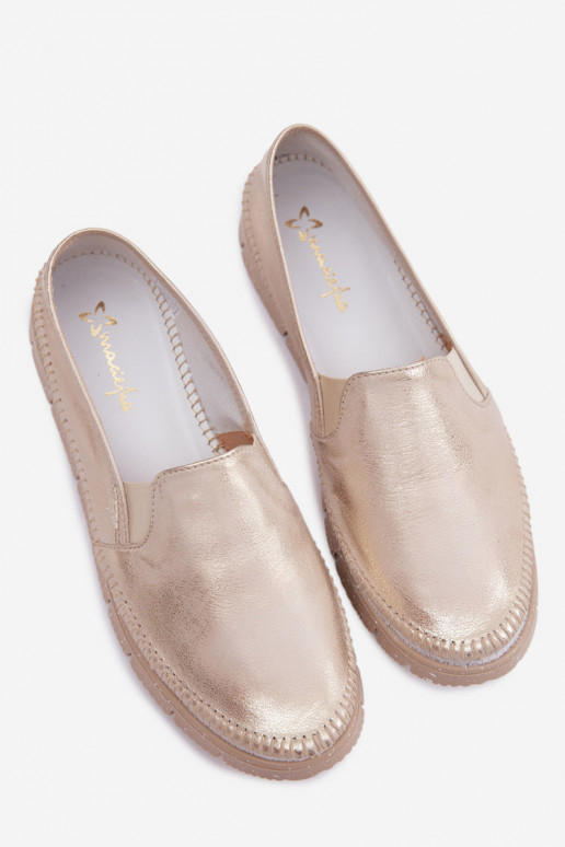 Zapatos de mujer dorados tipo slip-on de cuero Przecierany