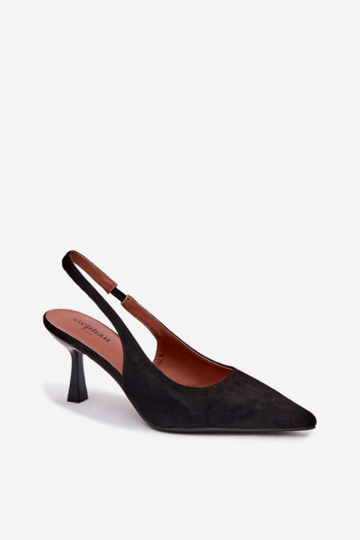 Sandalias de mujer con tacones finosImitacji de gamuzau de color negro Saria