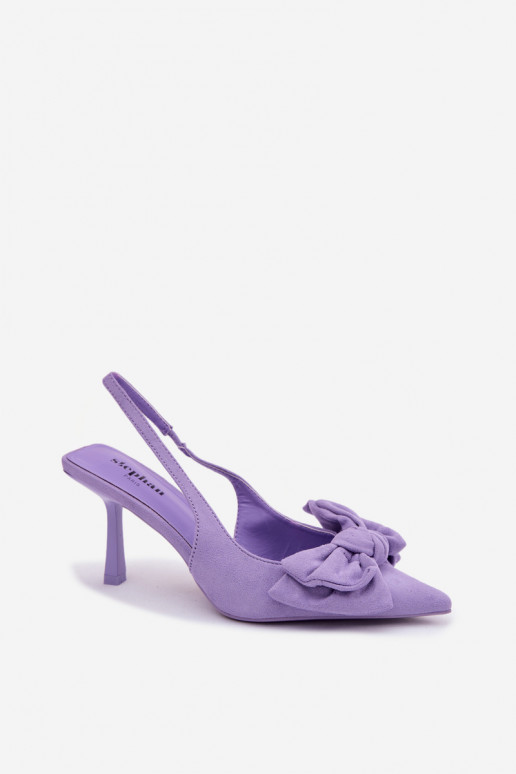 Sandalias moradas para mujer con tacones finos y cintas Petrella